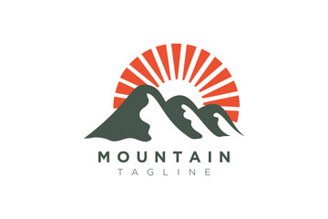 Illustration Vector Graphic of Mountain with Sun. Logo and Icon Perfect for Adventure, Travel, Climbing, Exploration, Camping, Tourism, etc.