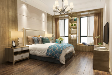 3d rendering contemporary wood bedroom with built in bookshelf - obrazy, fototapety, plakaty