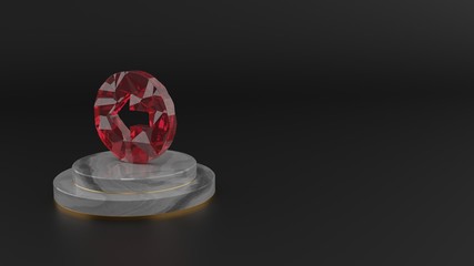 3D rendering of red gemstone symbol of left arrow in circle icon