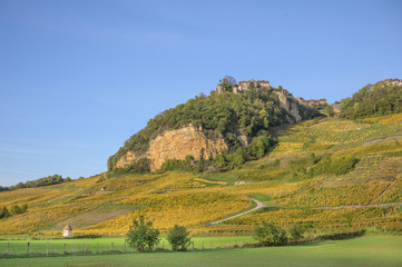 The village of Chateau Chalon high above the vineyards in the  departement of Jura, Franche-Comte,...