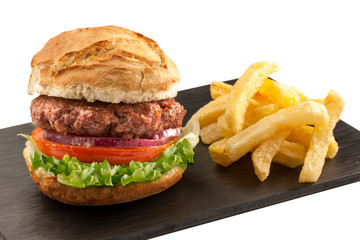 fresh tasty burger with potatoes, hamburger gourmet con patatas fritas