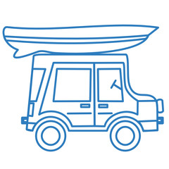 The boat is on the roof of the passenger car off-roader, blue vector icon on white isolated background