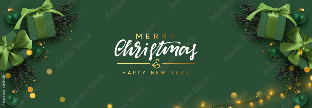 Wall mural holiday banner merry christmas and happy new year. xmas design with realistic objects, realistic dar