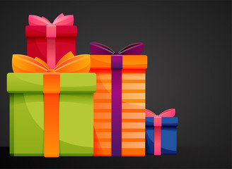 Illustration with set of bright colorful gift boxes with ribbons and bows suitable for birthdays or christmas greeting cards, holiday posters and banner