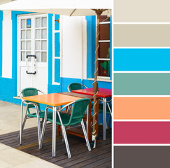 Color matching palette from travel background image of outside tables and chairs outdoors in a local restaurant in Albufeira, South Portugal