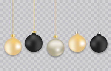 Set of realistic Christmas balls isolated on transparent background. Black, gray, gold matte elegant balls for design, mockup. Festive xmas and New year decoration on a rope. 3d Vector illustration.