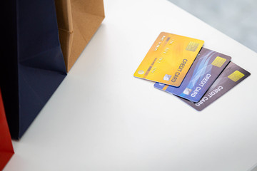 A set of cradit cards on table. convenience, payment, online shopping concept.