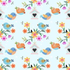 cute cartoon bird and flowers pattern.