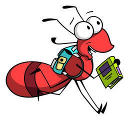 Cartoon style illustration of an ant boy running back to school with his backpack and a book in hand.