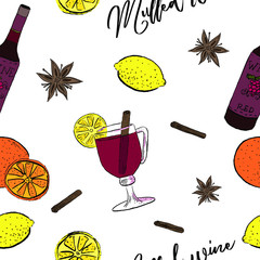Mulled wine vector pattern. Hot beverage for cold weather, spicy drink, wine