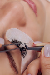 Eyelash Extension Procedure. Woman Eye with Long Blue Eyelashes. Ombre effect. Close up, selective focus. - 300913200