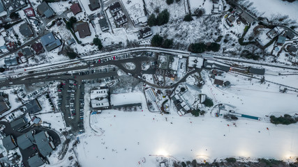 Overhead aerial drone view of Chamonix Mont Blanc city