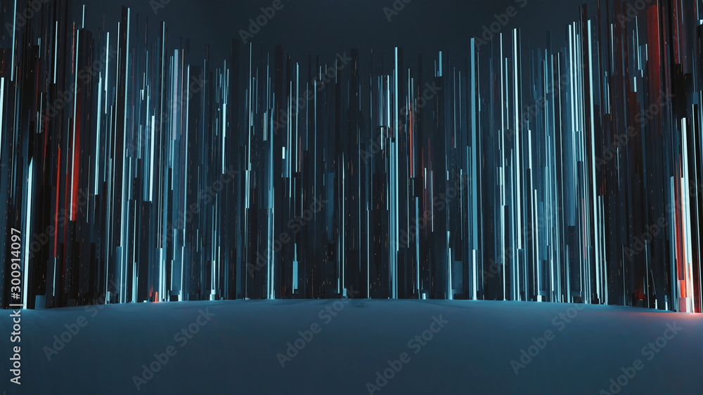 Wall mural 3D Rendering of abstract towers with blue and red led glow lights. Concept of big data visualization, artificial intelligence, futuristic technology, business advancement.