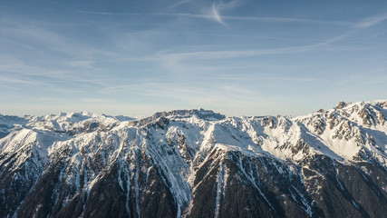 Aerial drone view snowy Mont Brevent in mount blanc, French Alps