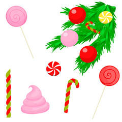 Christmas elements for decoration: fir pine branches, new year cookies, christmas ball, sweets. Vector illustration.