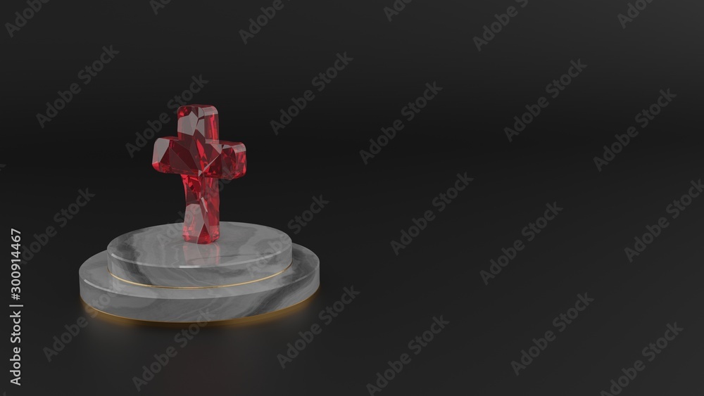 Poster 3d rendering of red gemstone symbol of cross icon