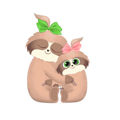 Two funny sloth pair in love sitting together and hugging each other isolated on white background. Funny Valentine card for LGBT