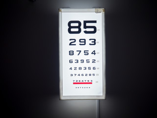 eye chart test box in front of black wall.