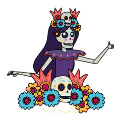 katrina skull with floral hair decoration comic character