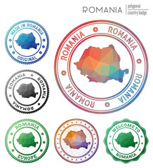 Romania badge. Colorful polygonal country symbol. Multicolored geometric Romania logos set. Vector illustration.