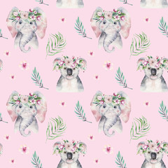 A poster with a panda and elephant seamless pattern. A cartoon panda. China. T