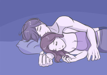 sweet couple cuddling sleeping in bed at night in side view relax position romantic warm touching felling vector illustration in anime cartoon style