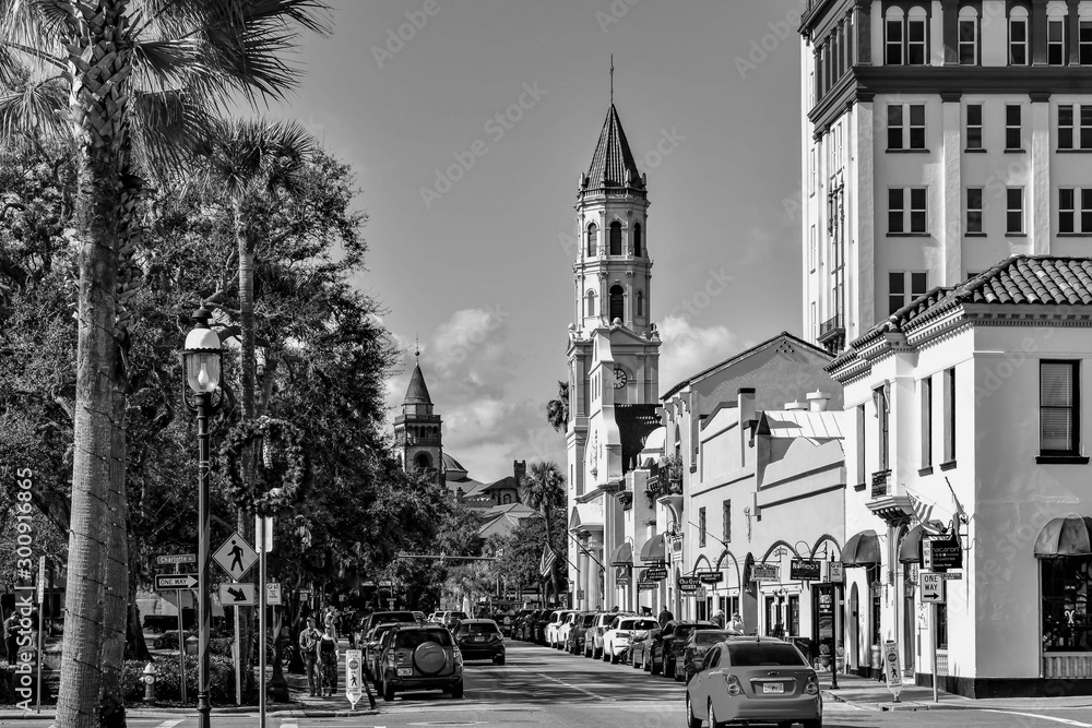 Poster Cathedral Basilica of St. Augustine , Plaza de la Constitucion and partial view of Henry Flager College.