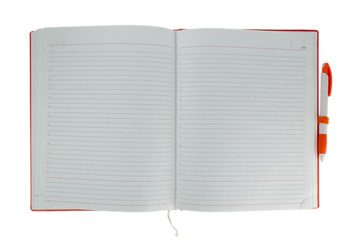 Orange open diary with pen on a white background.