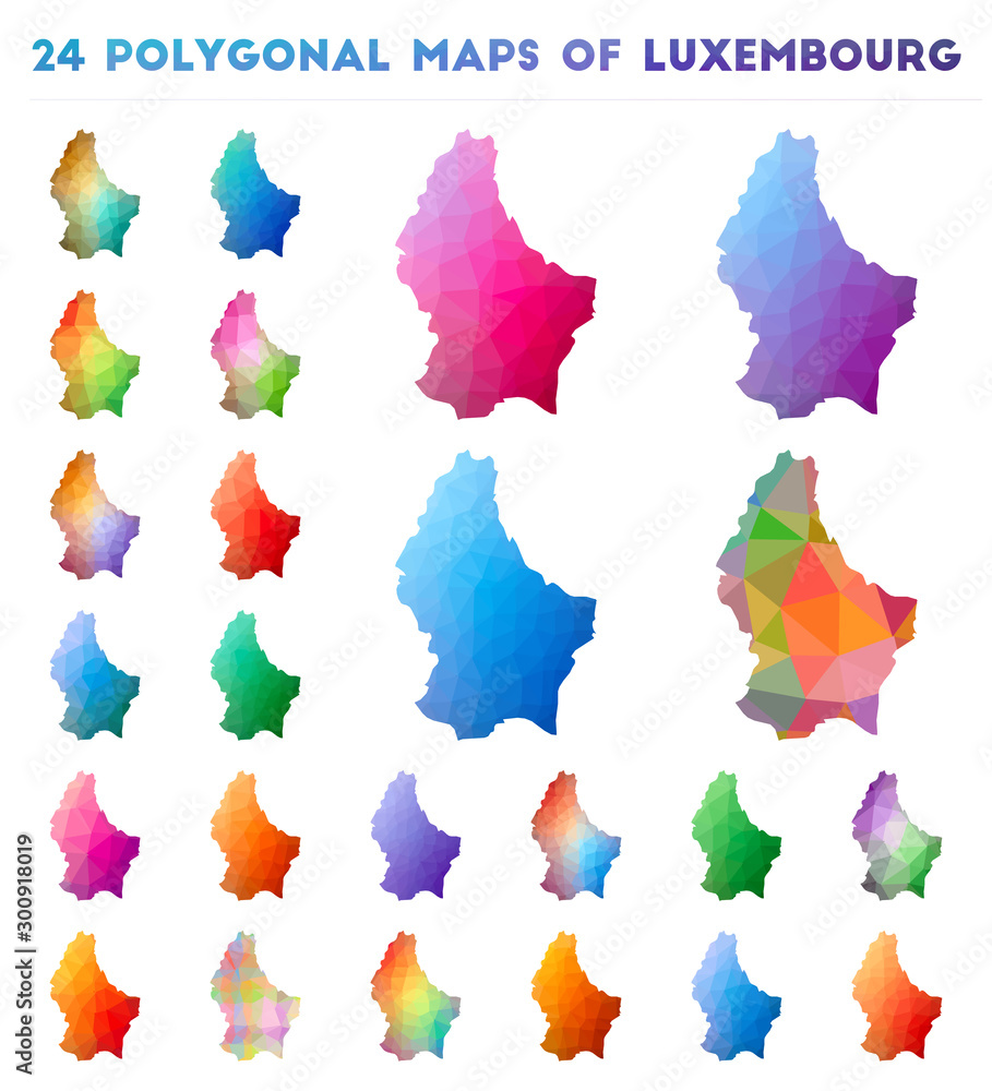 Poster set of vector polygonal maps of luxembourg. bright gradient map of the country in low poly style. mu