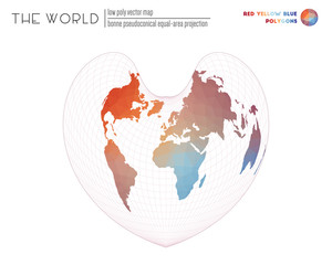Abstract world map. Bonne pseudoconical equal-area projection of the world. Red, Yellow, and Blue colored polygons. Stylish vector illustration.