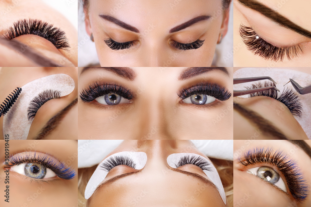 Wall mural Eyelash extension procedure. Beautiful Woman with long lashes in a beauty salon. Collage.