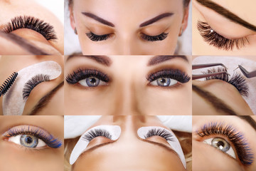 Eyelash extension procedure. Beautiful Woman with long lashes in a beauty salon. Collage. - 300919415