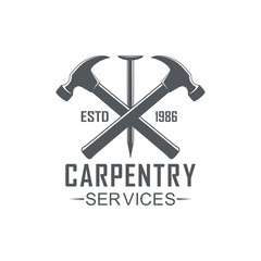 Black and white illustration logo of a workshop of carpentry. Vector illustration, hammer, nail and text carpentry services on a white background.