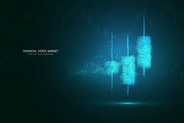 Points are connected and create a sign stock market candles.Forex trading chart for business and financial concepts, reports and investment on dark background . Vector illustration