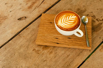 Close up of Hot coffee cups on wood table