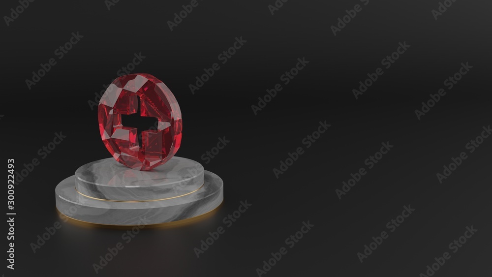 Poster 3d rendering of red gemstone symbol of plus circle icon
