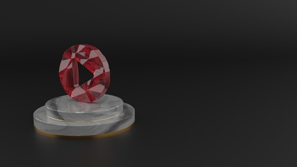 3D rendering of red gemstone symbol of play circle icon