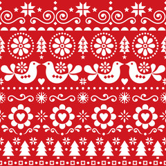 Modèle sans couture de vecteur d& 39 art folklorique de Noël, design festif scandinave avec oiseaux, flocons de neige, fleurs, arbres de Noël en blanc sur fond rouge
