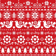 Papier Peint photo Motifs de Noël Modèle sans couture de vecteur d& 39 art folklorique de Noël, design festif scandinave avec oiseaux, flocons de neige, fleurs, arbres de Noël en blanc sur fond rouge