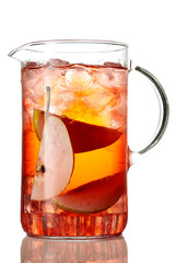carafe with a refreshing drink with ice and slices of pear, sparkling water, isolate