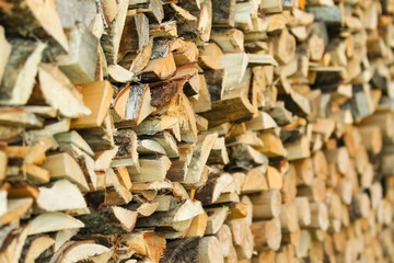 Beautiful view of home yard garage wall with stacked firewood for winter months. 