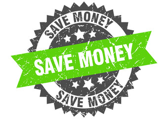 save money grunge stamp with green band. save money