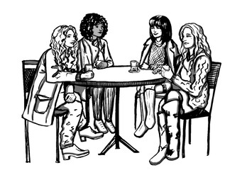 Monochrome graphic vector drawing. Quick sketches of people Company of friends spend time together Four young beautiful girls of different nationalities and races Get-togethers in a cafe Cartoon style