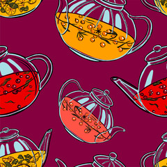Vector hand getekende illustratie in schets stijl. Glazen theepotten met verschillende soorten thee. Gekleurd naadloos patroon op fuschiaachtergrond. Theetijd behang. Hete drankjes. Elementen voor veel ontwerpen.