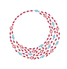 Round frame of watercolor red and blue fish on a white background.