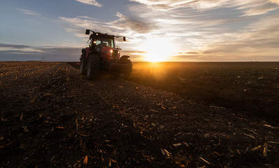 Fototapeta premium Tractor plowing fields in sunset