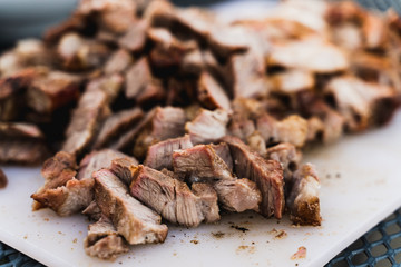 Pork meat chopped into cubes for burritos 