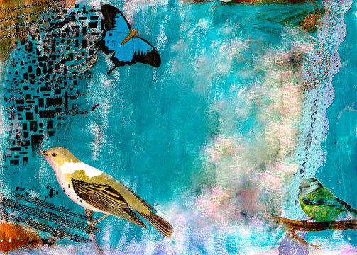 The abstract mixed media background with collage technique in birds and butterfly theme