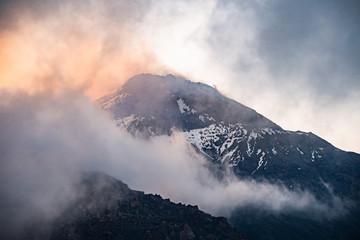 Nature of Kamchatka - beautiful volcanic landscape: view on Kamen Volcano, active Klyuchevskoy Volcano and active Bezymianny Volcano.