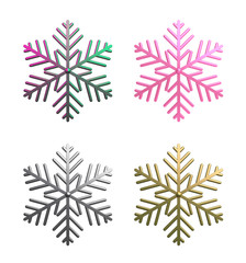 Winter abstract design creative concept, collection of gradient, pink,silver chrome, gold snow icon isolated on white background. 3D rendering illustration.